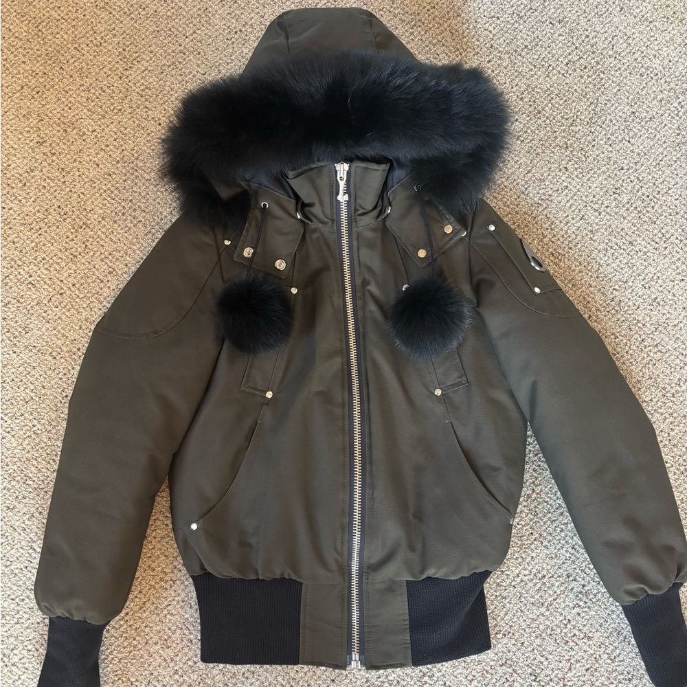 Moose Knuckles Olive Debbie Bomber Jacket with Black Fur Trim - Picture 2 of 6